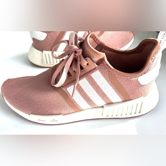 Adidas NMD_R1 shoes, specifically identified in the "Raw Pink" or "Salmon - Picture 14 of 16